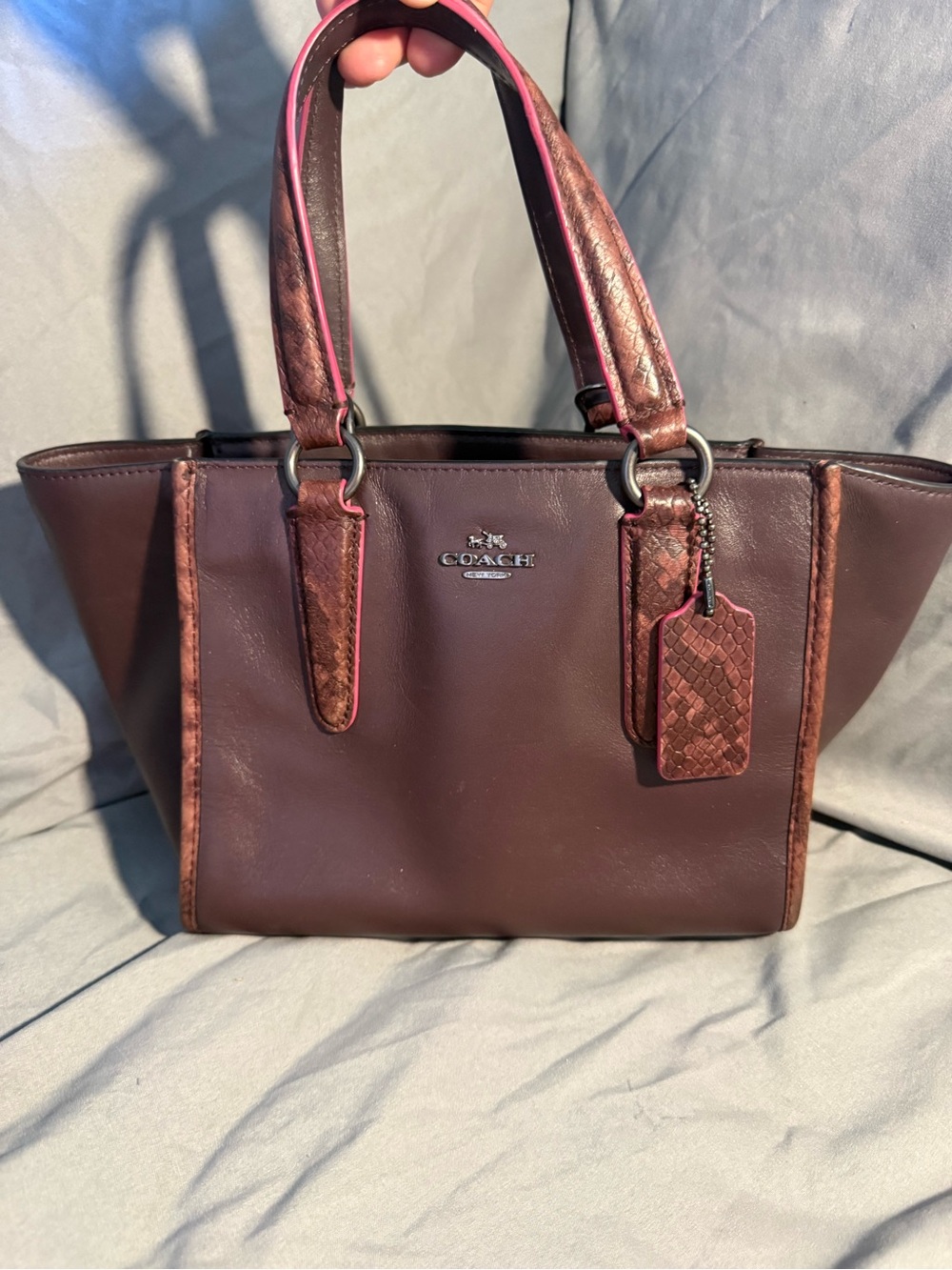 Coach Brown Leather Shoulder Tote with Pink Trim